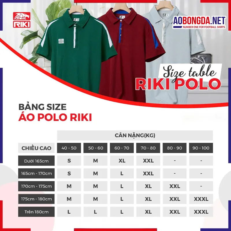 BẢNG SIZE ÁO POLO THỂ THAO HÃNG RIKI