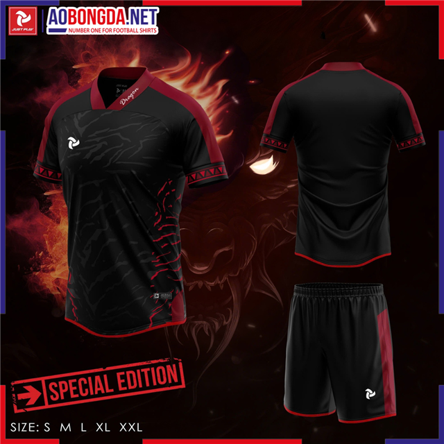 Áo Bóng Đá Không Logo Just Play Dragon II Đen Đỏ