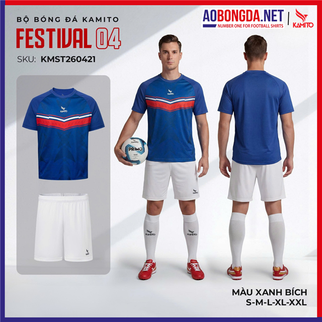 Áo Bóng Đá Không Logo Kamito Festival 4 Xanh Bích