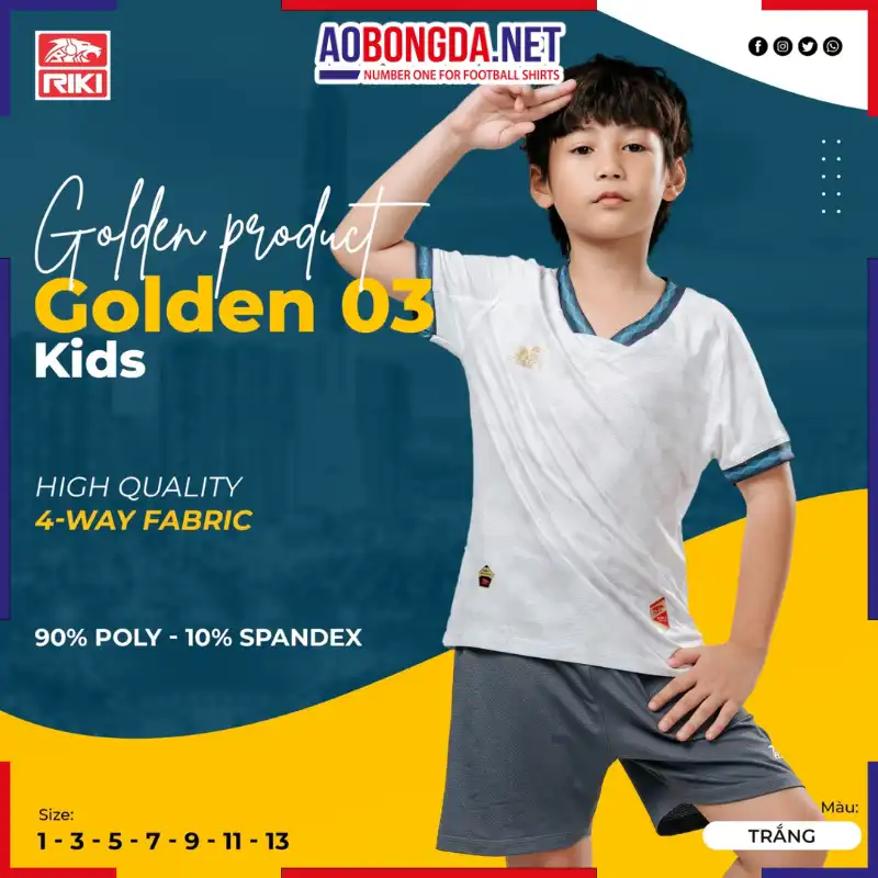 Áo Bóng Đá Không Logo Riki Golden 03 Trẻ Em Trắng