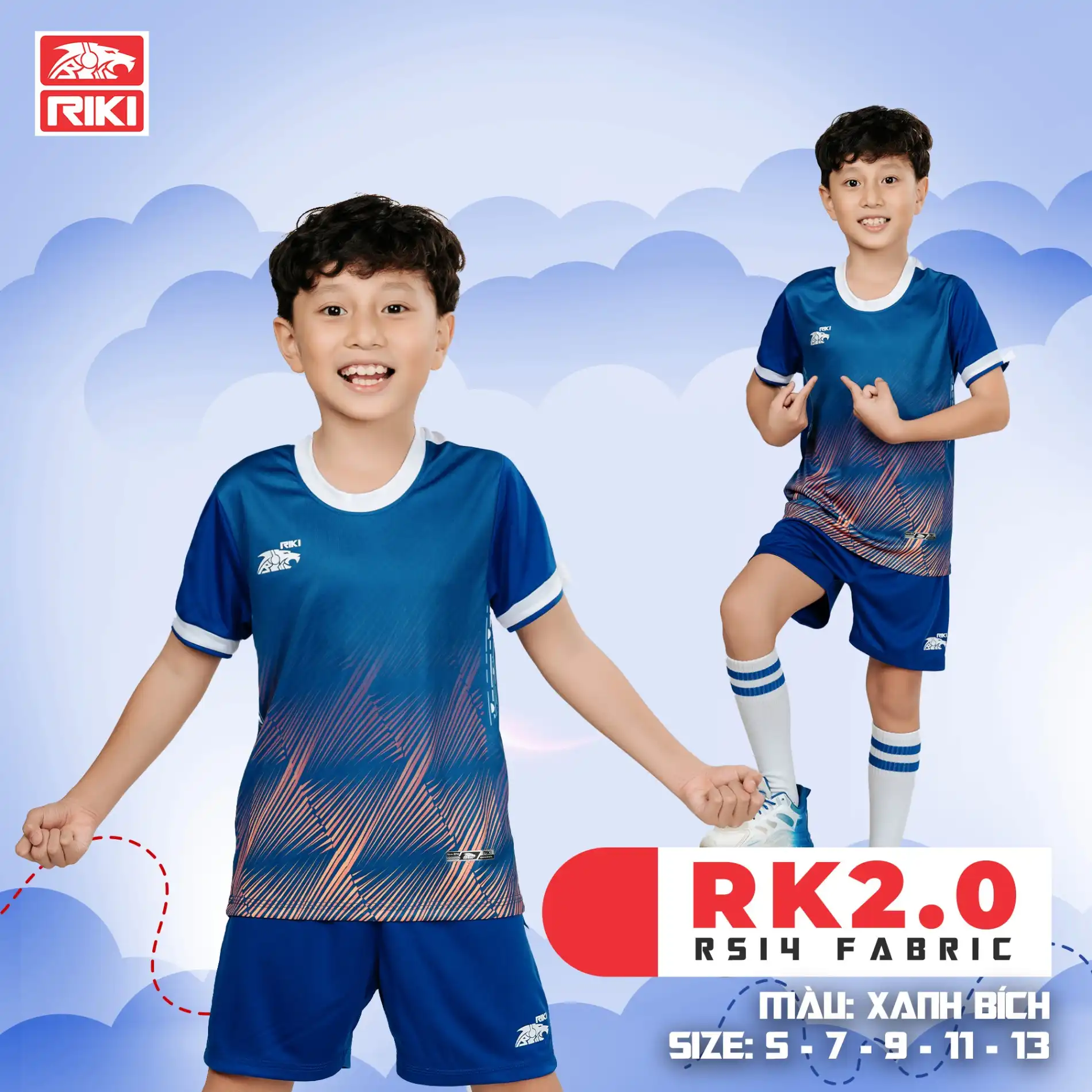 Áo Bóng Đá Trẻ Em Không Logo Riki Rk2.0 Xanh Bích