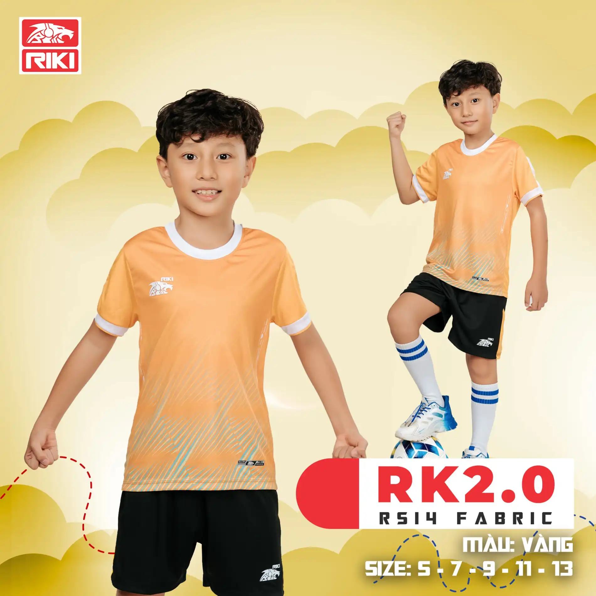 Áo Bóng Đá Trẻ Em Không Logo Riki Rk2.0 Vàng