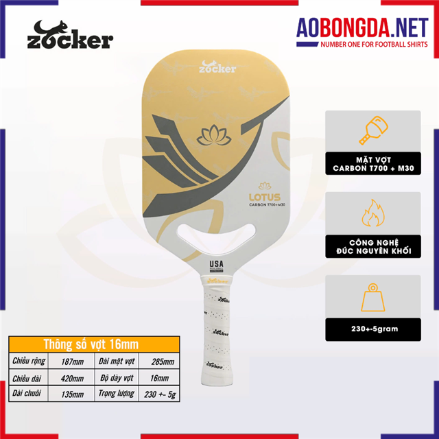 Vợt Pickleball Zocker Lotus LT01 16MM Vàng