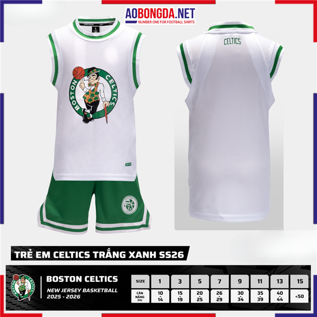 Bộ Bóng Rổ Trẻ Em Boston Celtics Trắng Xanh