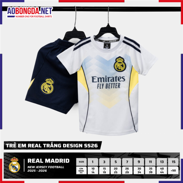 Áo Bóng Đá Câu Lạc Bộ Real Madrid Trẻ Em Trắng Vàng 2025-2026