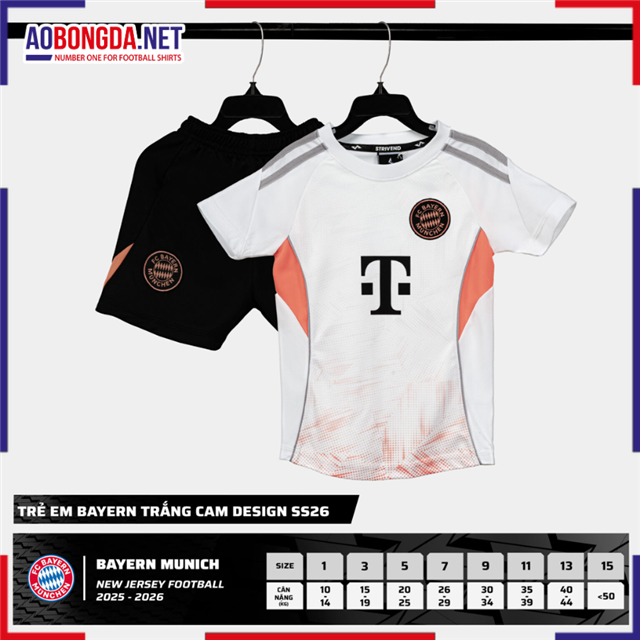 Áo Bóng Đá Câu Lạc Bộ Bayern Trẻ Em Trắng Cam 2025-2026