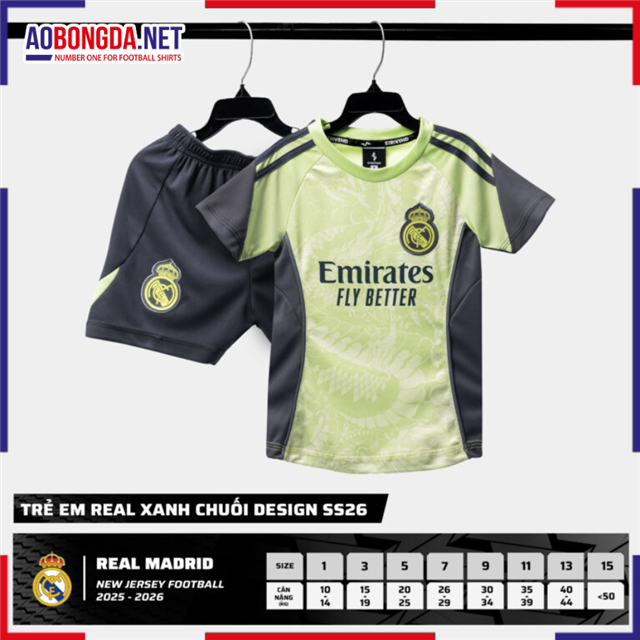 Áo Bóng Đá Câu Lạc Bộ Real Madrid Trẻ Em Xanh Chuối 2025-2026