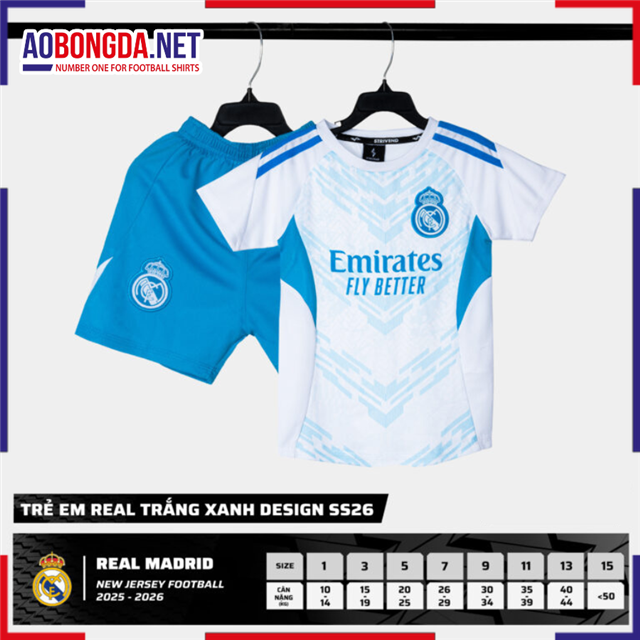 Áo Bóng Đá Câu Lạc Bộ Real Madrid Trẻ Em Trắng Ngọc 2025-2026