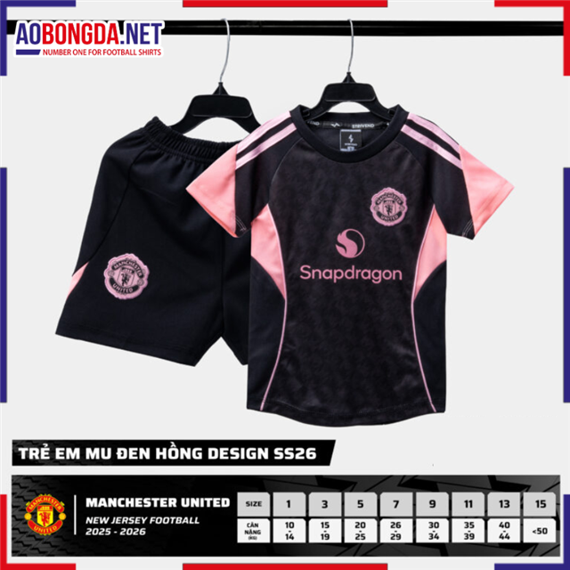 Áo Bóng Đá Câu Lạc Bộ Manchester United Trẻ Em Đen Hồng 2025-2026