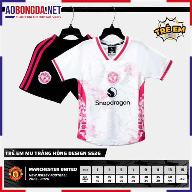 Áo Bóng Đá Câu Lạc Bộ Manchester United Trẻ Em Trắng Hồng 2025-2026