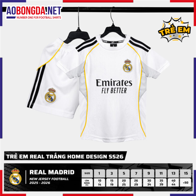 Áo Bóng Đá Câu Lạc Bộ Real Madrid Trẻ Em Trắng Sân Nhà 2025-2026