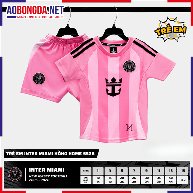 Áo Bóng Đá Câu Lạc Bộ Inter Miami Trẻ Em Hồng Sân Nhà 2025-2026