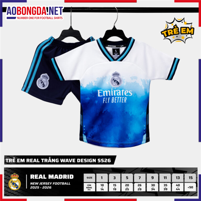 Áo Bóng Đá Câu Lạc Bộ Real Madrid Trẻ Em Trắng Wave 2025-2026