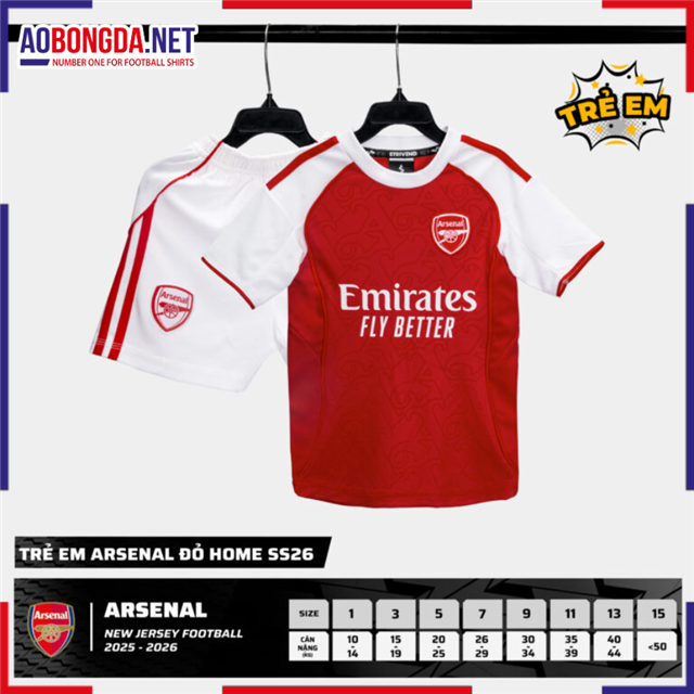 Áo Bóng Đá Câu Lạc Bộ Arsenal Trẻ Em Đỏ 2025-2026