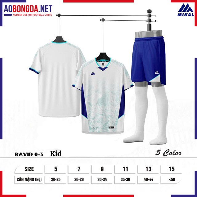 Áo Bóng Đá Không Logo Mikal Ravid K5 Trẻ Em Trắng Xanh