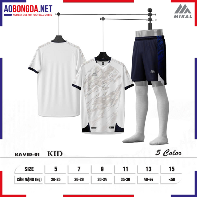 Áo Bóng Đá Không Logo Mikal Ravid K1 Trẻ Em Trắng