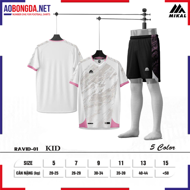 Áo Bóng Đá Không Logo Mikal Ravid K1 Trẻ Em Trắng Hồng