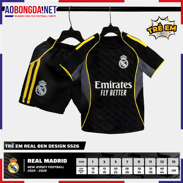 Áo Bóng Đá Câu Lạc Bộ Real Madrid Trẻ Em Đen 2025-2026