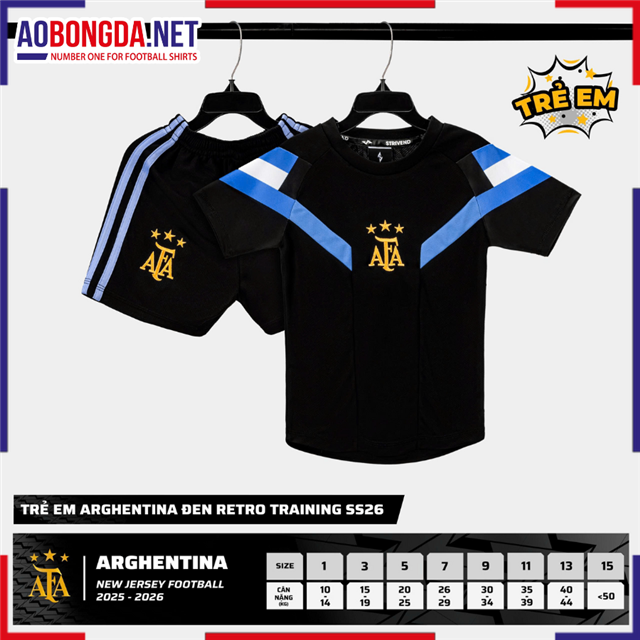 Áo Bóng Đá Đội Tuyển Argentina Trẻ Em Đen Retro 2025 
