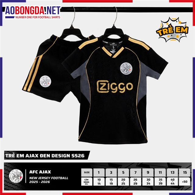Áo Bóng Đá Câu Lạc Bộ Ajax Trẻ Em Đen 2025-2026