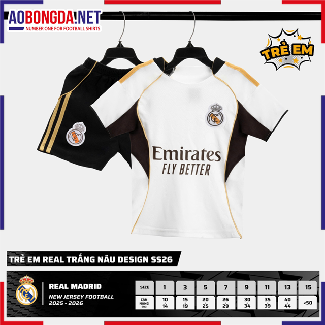 Áo Bóng Đá Câu Lạc Bộ Real Madrid Trẻ Em Trắng Nâu 2025-2026