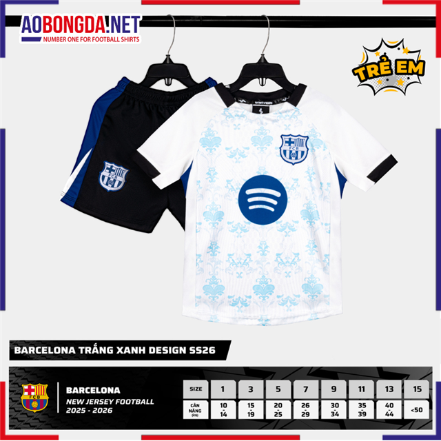 Áo Bóng Đá Câu Lạc Bộ Barcelona Trẻ Em Trắng Xanh 2025-2026