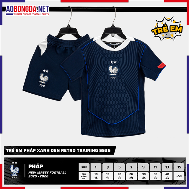 Áo Bóng Đá Đội Tuyển Pháp Trẻ Em Xanh Đen Retro 2025-2026