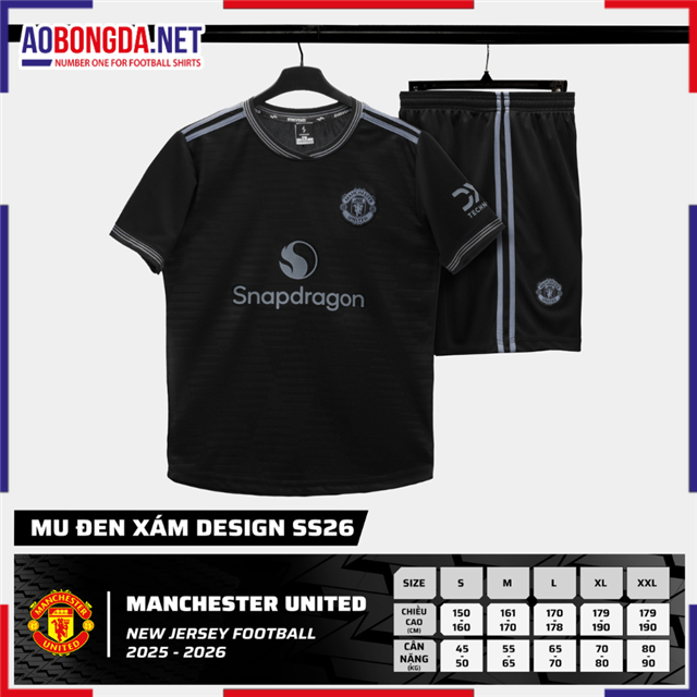 Áo Bóng Đá Câu Lạc Bộ Manchester United Trẻ Em Đen Xám 2025-2026