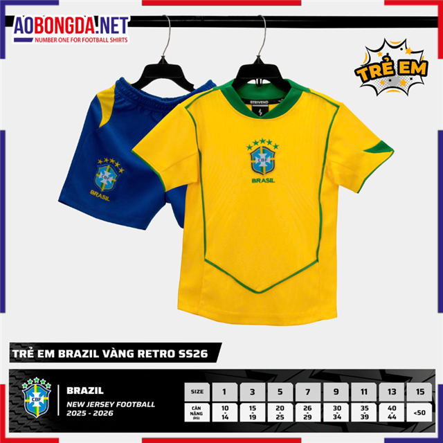 Áo Bóng Đá Đội Tuyển Brazil Trẻ Em Vàng Retro 2025-2026
