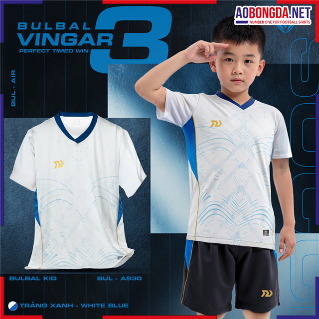 Áo Bóng Đá Trẻ Em Không Logo Bulbal Vingar 3 Trắng Xanh