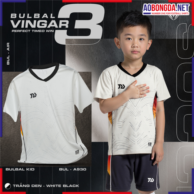 Áo Bóng Đá Trẻ Em Không Logo Bulbal Vingar 3 Trắng Đen