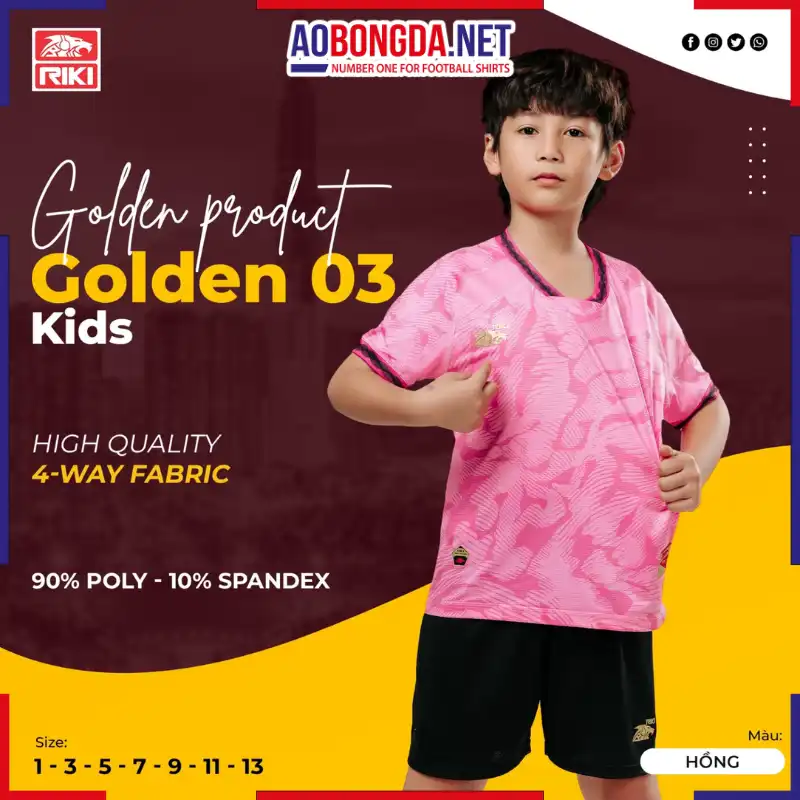 Áo Bóng Đá Không Logo Riki Golden 03 Trẻ Em Hồng