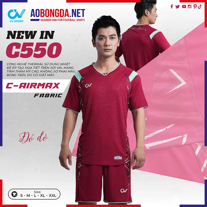 Áo Bóng Đá Không Logo CV C550 Đỏ Đô