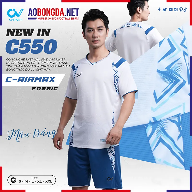 Áo Bóng Đá Không Logo CV C550 Trắng