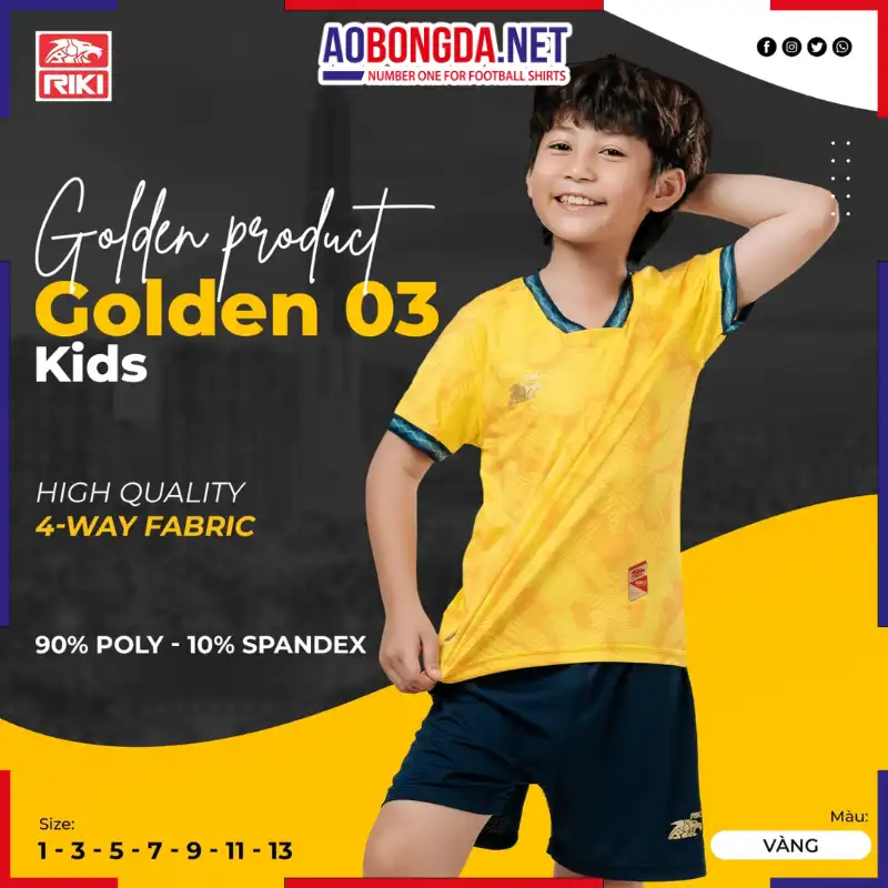 Áo Bóng Đá Không Logo Riki Golden 03 Trẻ Em Vàng