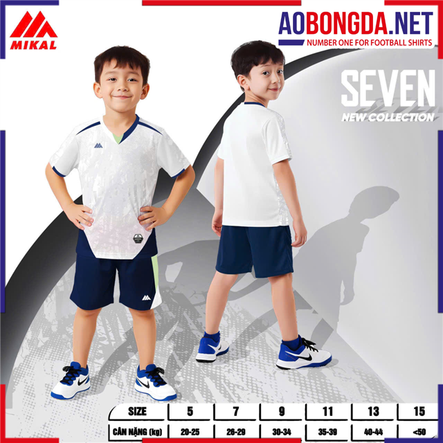 Áo Bóng Đá Không Logo Mikal Seven K7 Trẻ Em Trắng Xám