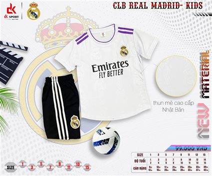 Bộ Quần Áo bóng đá trẻ em CLB Real Madrid trắng sân nhà thun mè 2022-2023