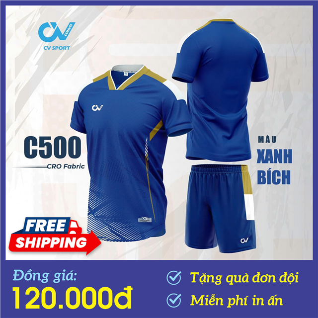[FREE IN + SHIP + QUÀ] Áo Bóng Đá Không Logo CV C500 Xanh Bích