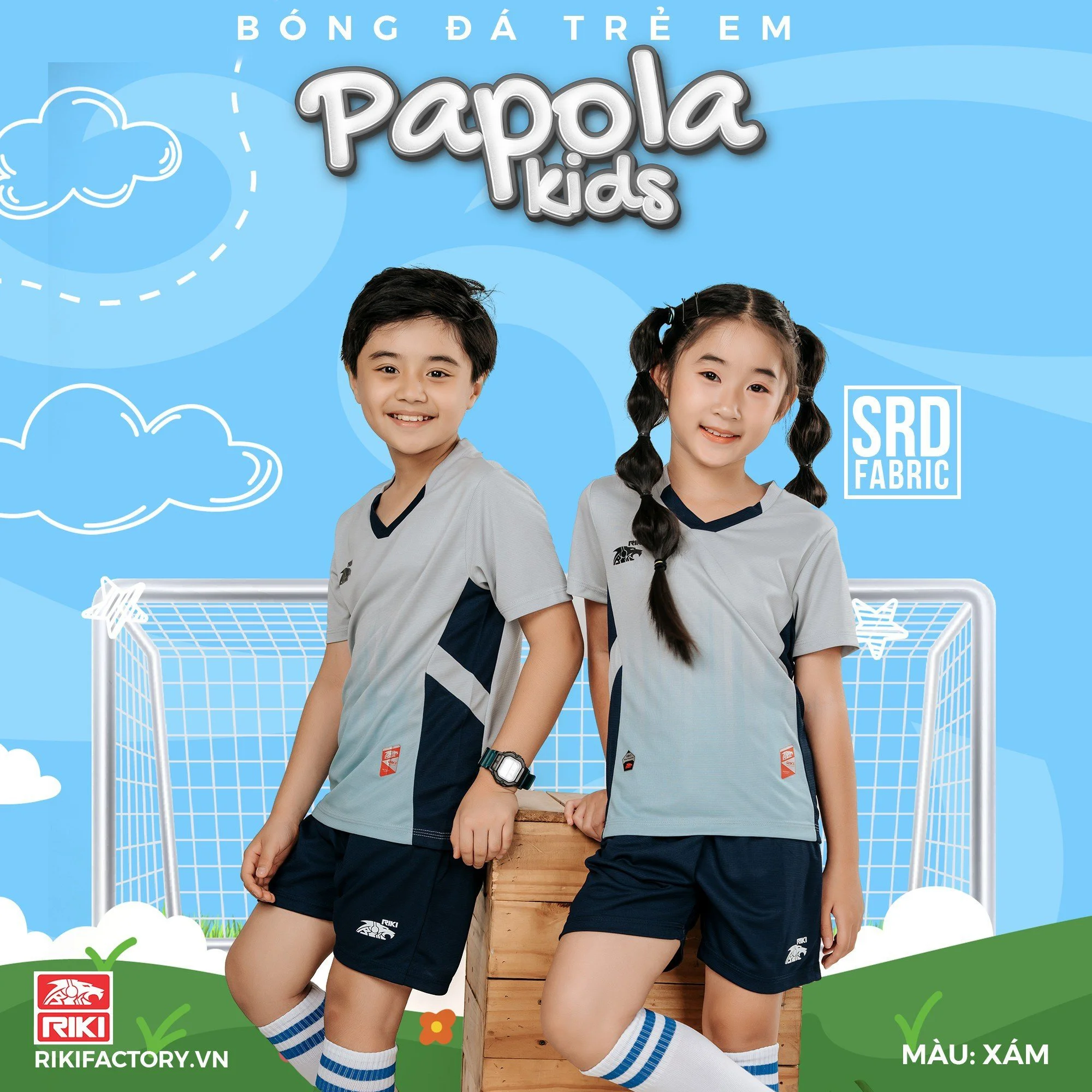 Áo Bóng Đá Không Logo Riki Papola Trẻ Em Xám