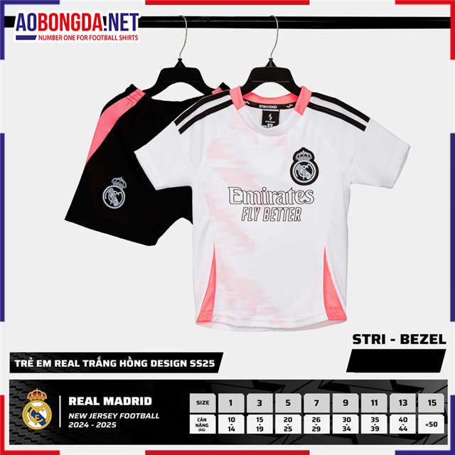 Áo Bóng Đá Câu Lạc Bộ Real Madrid Trẻ Em Trắng Hồng 2024-2025