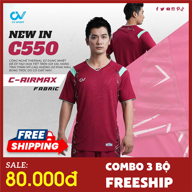 [ FREE SHIP TỪ 3 BỘ] Áo Bóng Đá Không Logo CV C550 Đỏ Đô