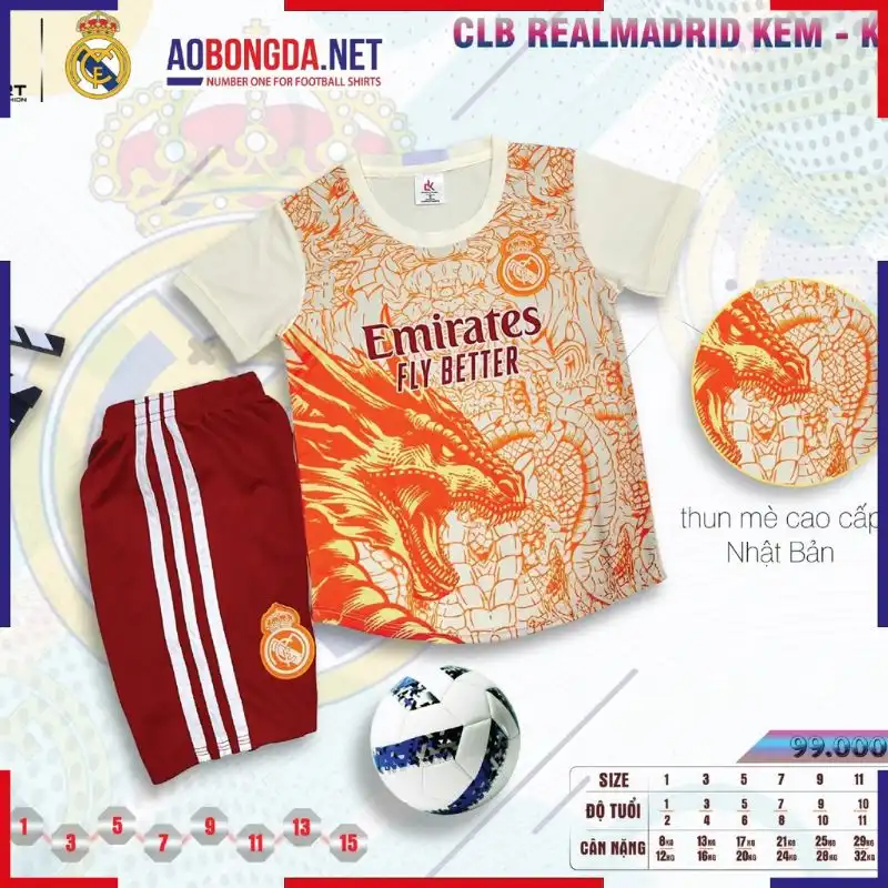 Áo Bóng Đá Câu Lạc Bộ Real Madrid Trẻ Em Kem Rồng 2023-2024