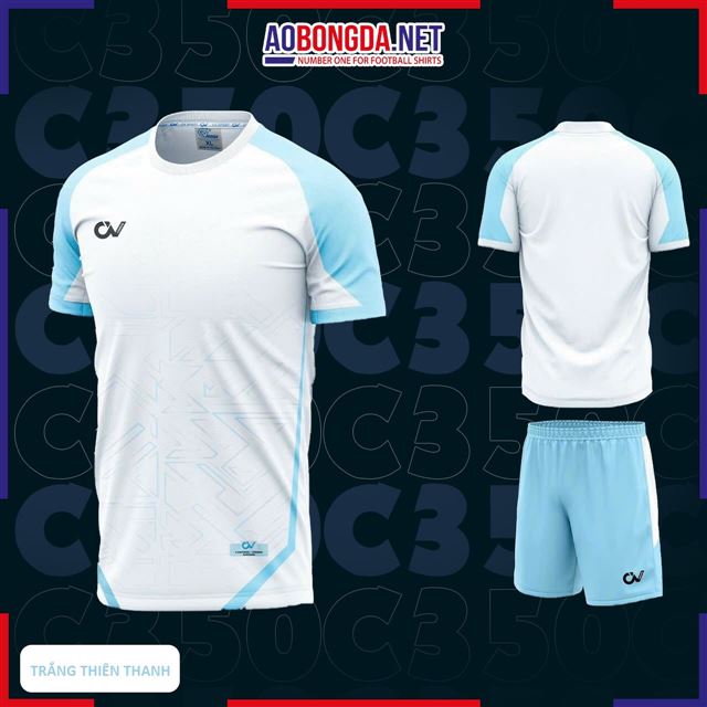 Áo Bóng Đá Không Logo CV C350 Trắng Thiên Thanh