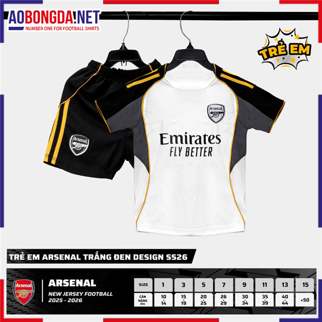 Áo Bóng Đá Câu Lạc Bộ Arsenal Trẻ Em Trắng Đen 2025-2026