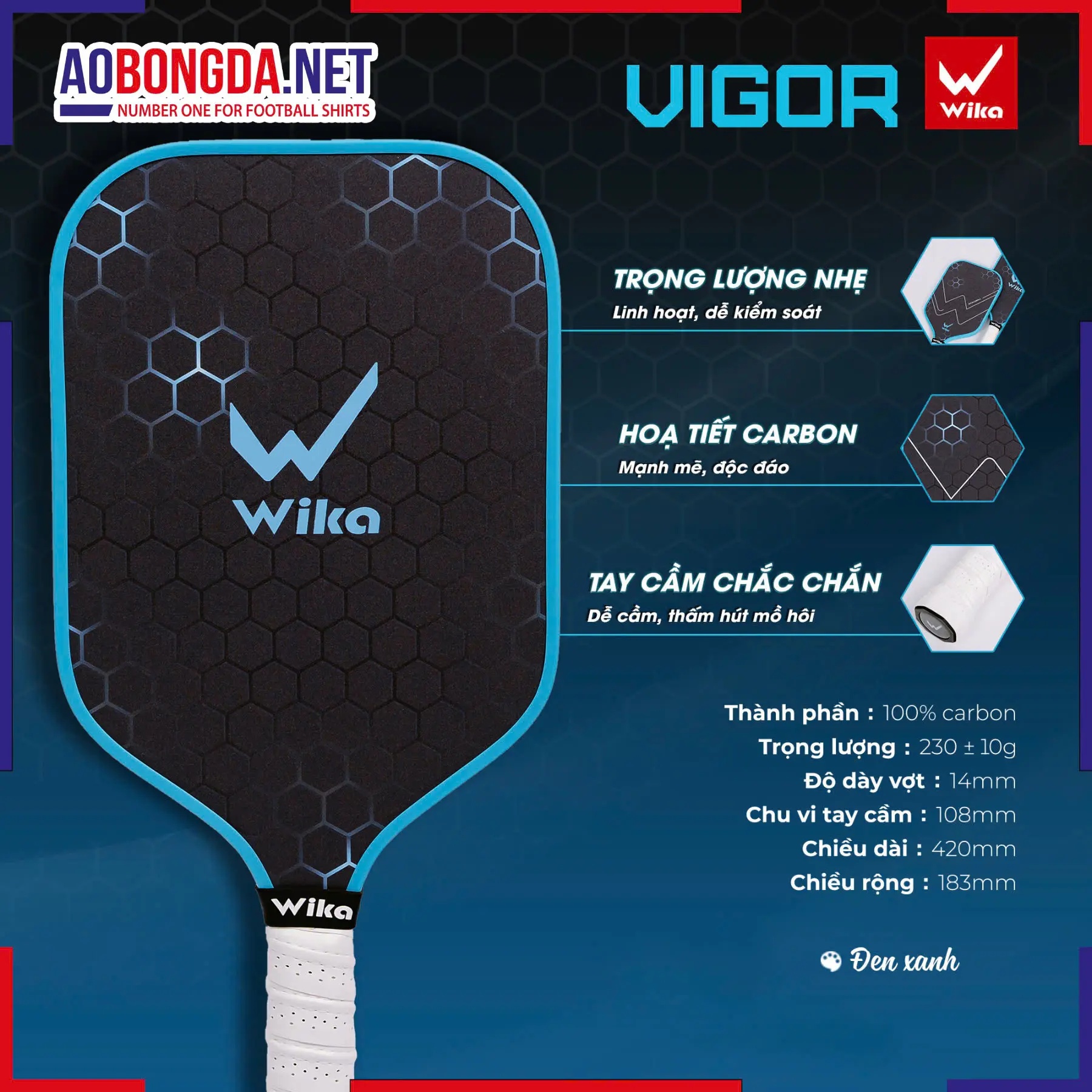 Set 1 Vợt + 1 Bóng Pickleball Wika Vigor Đen Xanh