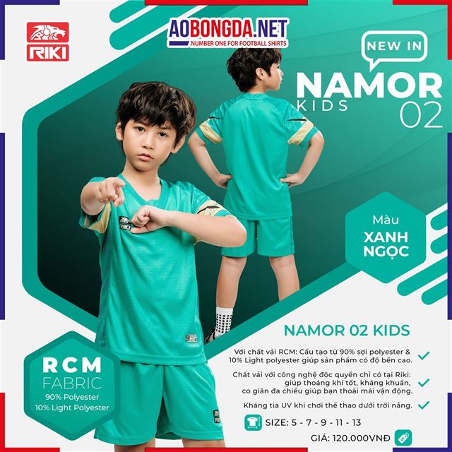 Áo Bóng Đá Trẻ Em Không Logo Riki Namor 2 Xanh Ngọc