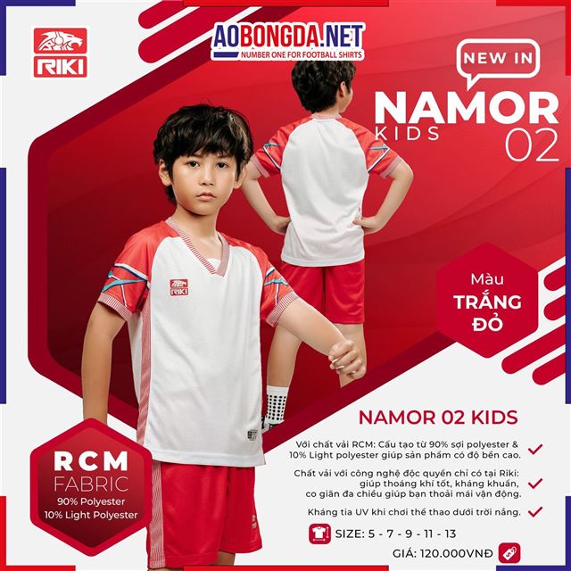 Áo Bóng Đá Trẻ Em Không Logo Riki Namor 2 Trắng Đỏ