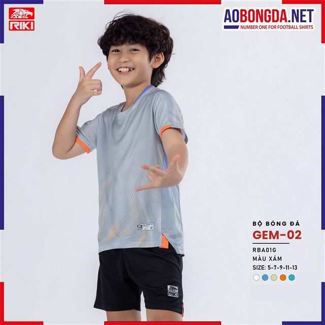 Áo Bóng Đá Không Logo Riki Gem02 Trẻ Em Xám