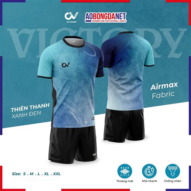 Áo Bóng Đá Không Logo CV C03 Victory Màu Thiên Thanh Xanh Đen