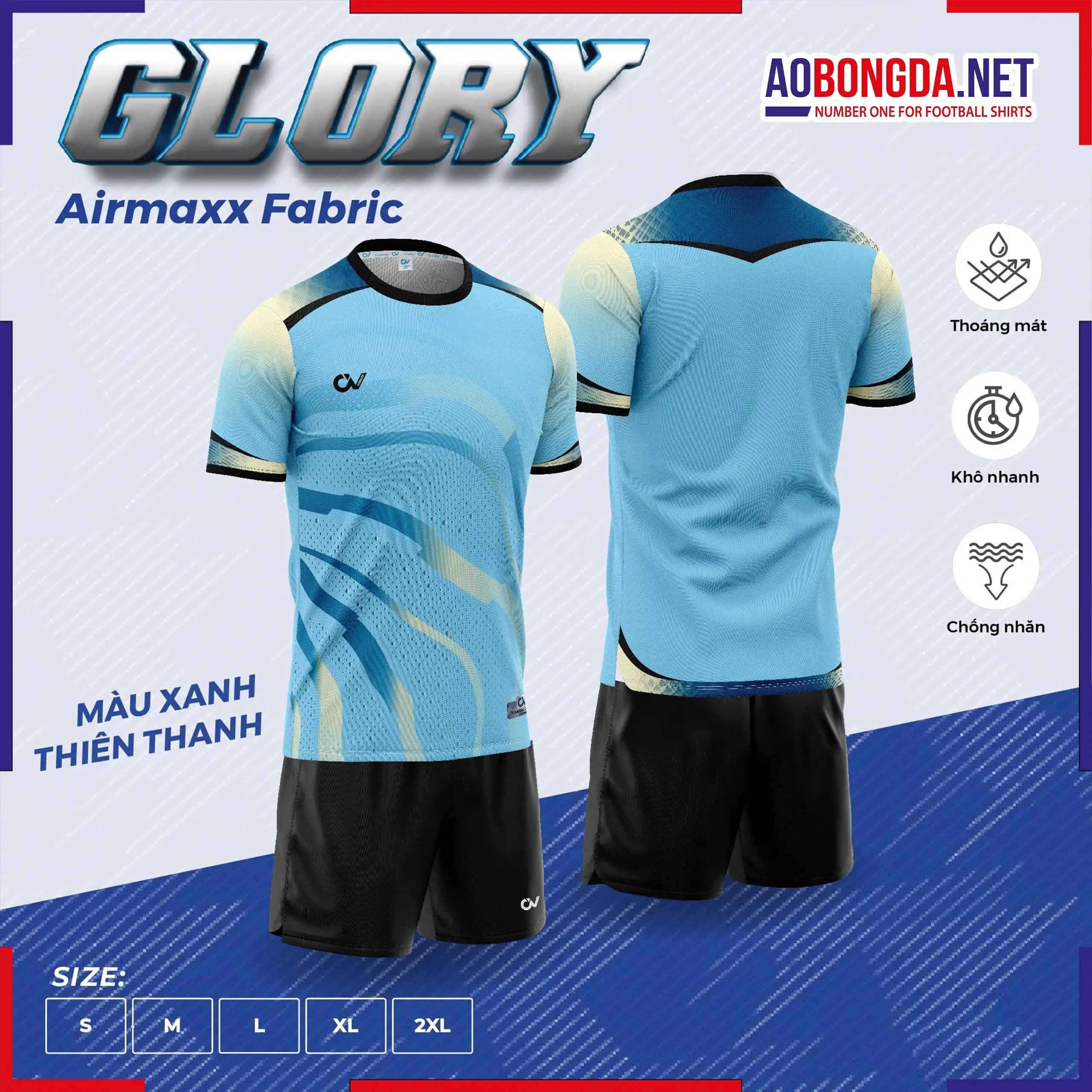 Áo Bóng Đá Không Logo CV Glory Màu Thiên Thanh